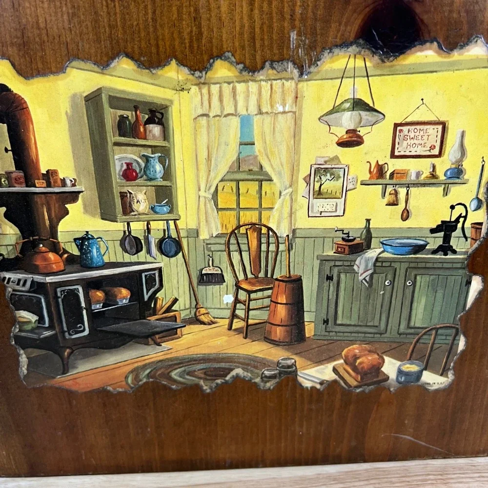 Vintage Jean Spicer Wood Plaque General Store and Kitchen Lithograph Americana